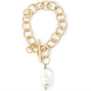 EUC Powerbeads by Jen Toggle Chunky Gold Link Bracelet w/ Large Baroque Pearl 8"